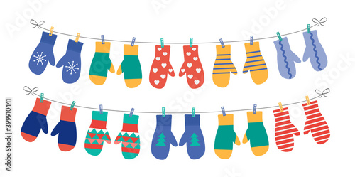 Different mittens hanging on the rope, set, vector illustration. 