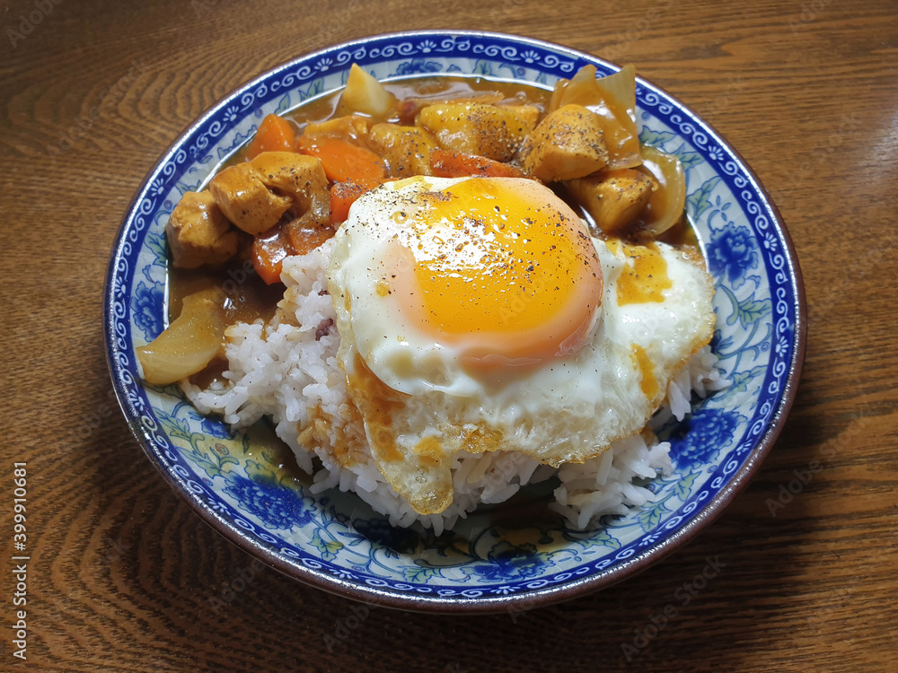 Japanese curry rice with chicken meat, egg, onion, carrot and potato close-up on a plate. Japanese curry rice with chicken meat, egg, onion, carrot and potato close-up on a plate.