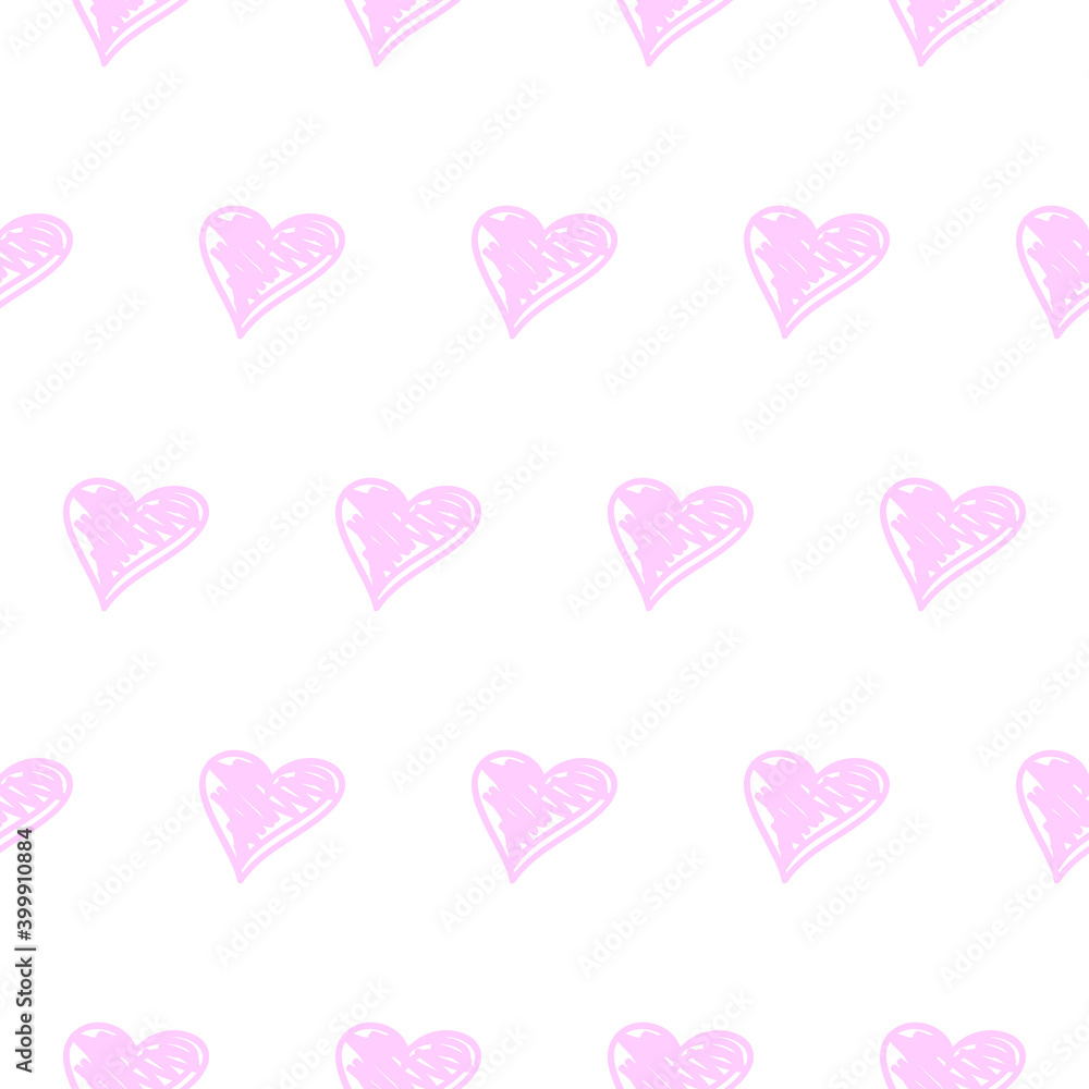 Pastel pink hand drawn hearts, seamless pattern on white vector background, digitally created on a tablet