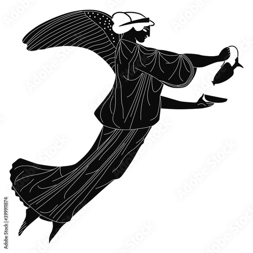 Winged ancient Greek goddess of victory Nike holding vessel and cup. Black and white silhouette.