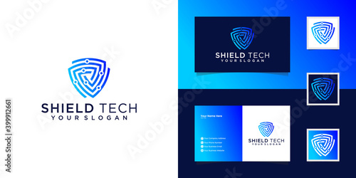 tech shield security logo design template and business card