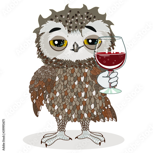 drunk owl holds a wine glass of champagne or other alcohol in his hand, facial expression vector illustration, cartoon character