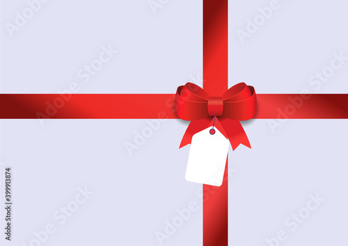 Realistic red bow and horizontal ribbon shiny satin with blank white card for decoration gifts, greetings, holidays. illustration background.