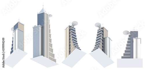 5 renders of fictional design houses with helipad with cloudy sky reflection - isolated on white  bottom view 3d illustration of skyscrapers