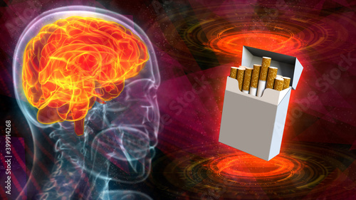 Medical 3D illustration - rontgen human head image with highlighted brain and cigarette pack - stop cigarettes concept photo