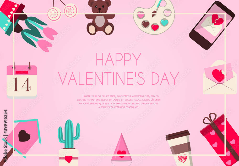 Valentine s day greeting card with hearts and love wishes. Flat vector illustration for sale, online store, delivery of goods for the holiday. Invitation flyer in pink, red, and blue. Images with a Valentine s day greeting card with hearts and love wishes. Flat vector illustration for sale, online store, delivery of goods for the holiday. Invitation flyer in pink, red, and blue. Images with a