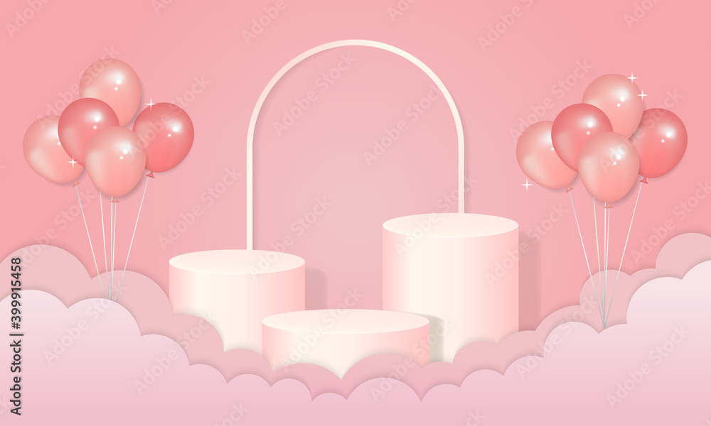 Empty podium stage display for product showcase decorated with cloud paper cut out and balloons. Dreamy valentine concept. Realistic vector.
