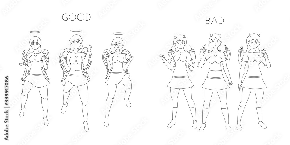 Angelic and devilish girls cartoon line art. Angels and demons female characters. Vector illustration in cartoon style isolated on white background.