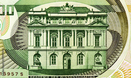 Austrian Academy of Sciences building in Vienna, built from 1735 to 1755 by Jean Nicolas Jadot de Ville-Issey as the assembly hall of the old university. Portrait Austria 100 Schilling 1984 Banknotes. photo