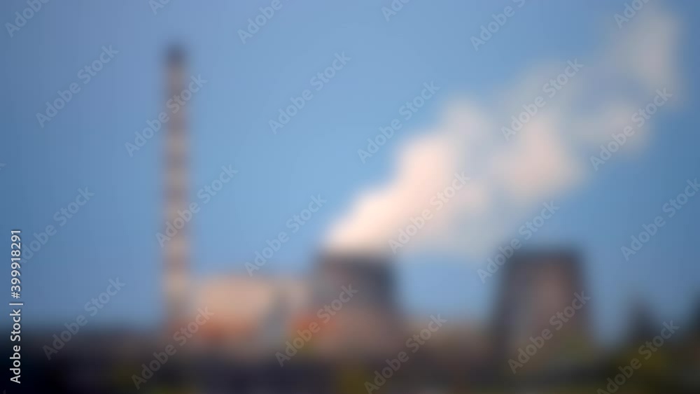 Blurred background. Thermoelectric power station close. White smoke steam Blurred background. Thermoelectric power station close. White smoke steam