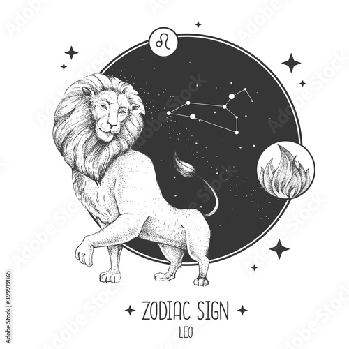 Modern magic witchcraft card with astrology Leo zodiac sign. Realistic hand drawing lion head. Zodiac characteristic