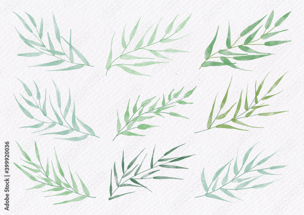 Bamboo leaves digital paint on watercolor paper texture. Art decoration illustration. Bamboo leaves digital paint on watercolor paper texture. Art decoration illustration.