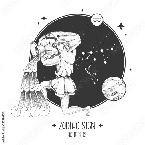 Modern magic witchcraft card with astrology Aquarius zodiac sign. Realistic hand drawing water jug illustration. Zodiac characteristic