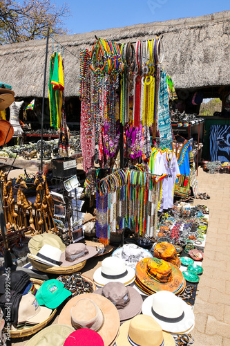 Local souvenirs on display at the street market near Victoria Falls National Park entrance on the Zimbabwe side 