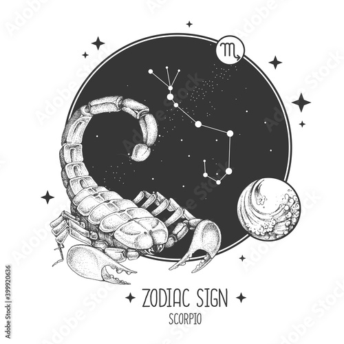 Modern magic witchcraft card with astrology Scorpio zodiac sign. Realistic hand drawing scorpion illustration. Zodiac characteristic