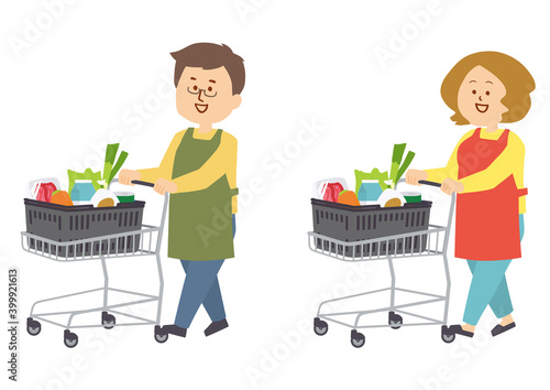 買い物をするエプロン姿の人物のイラスト