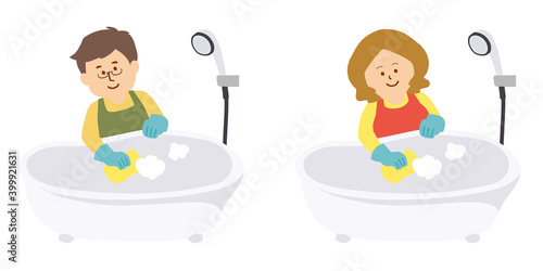 風呂掃除をするエプロン姿の人物のイラスト