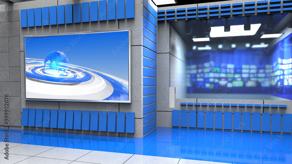 Fototapeta premium Backdrop For TV Shows .TV On Wall.3D Virtual News Studio Background, 3d illustration