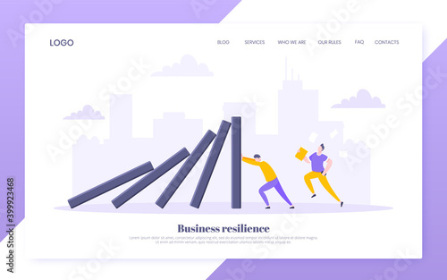 Domino effect or business resilience metaphor vector illustration. Adult young man pushing falling domino line business concept of problem solving website template.