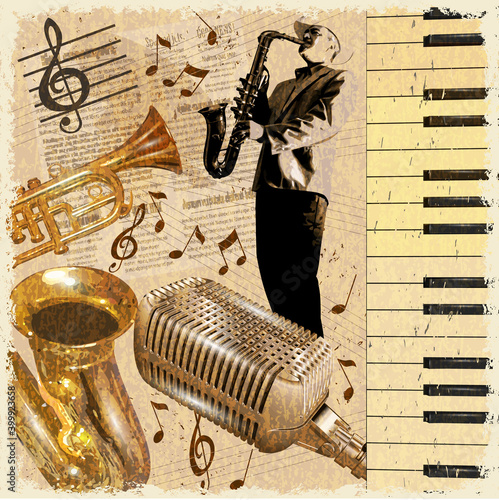 Vintage poster with musical instruments and musician.