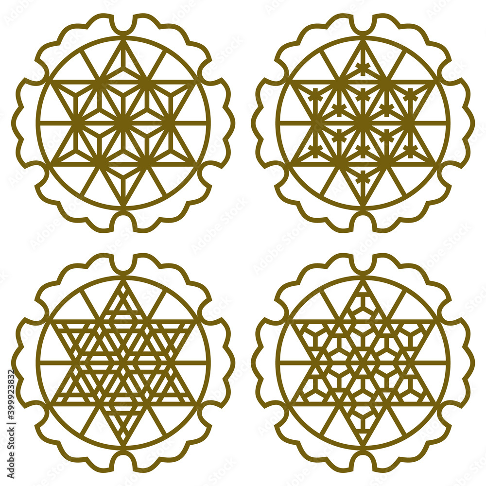 A set of six design elements using the Japanese style of Kumiko zaiku. A set of six design elements using the Japanese style of Kumiko zaiku.