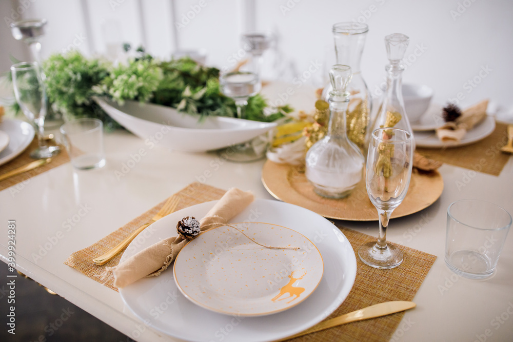 Fototapeta premium Modern and elegant New Years Eve table with overhead view 