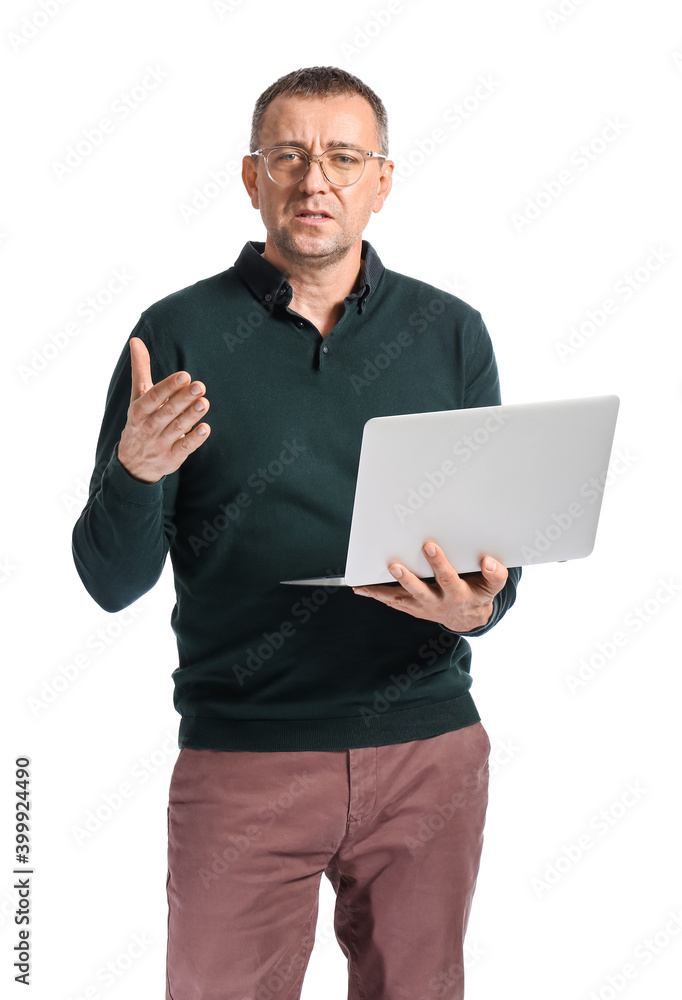 Portrait of male psychologist with laptop on white background Portrait of male psychologist with laptop on white background