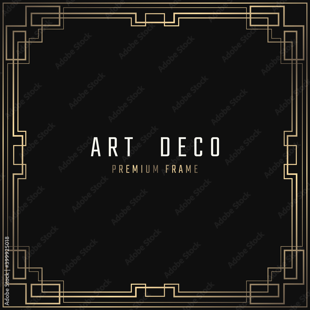 Fototapeta premium Vector card. Art Deco style. Dark golden geometric frame on black background.