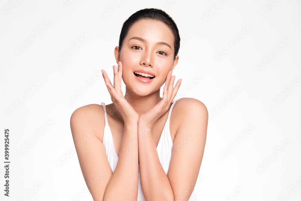 Beautiful Young asian Woman with Clean Fresh Skin, on Pink background, Face care, Facial treatment. Cosmetology, beauty and spa. Asian women portrait Beautiful Young asian Woman with Clean Fresh Skin, on Pink background, Face care, Facial treatment. Cosmetology, beauty and spa. Asian women portrait