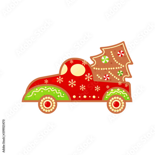 Christmas gingerbread cookie truck with fir tree.