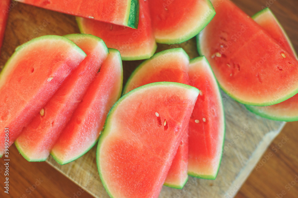 Bright red fresh watermelon slices top view. Bright red fresh watermelon slices top view.