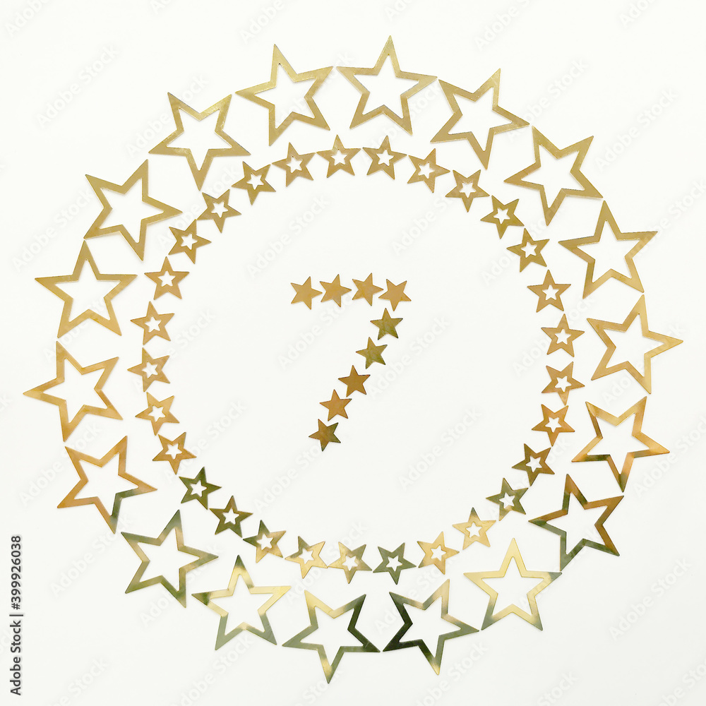 Number 7. Retro poster with golden number and stars around on white background. Greeting card for your celebration concept.