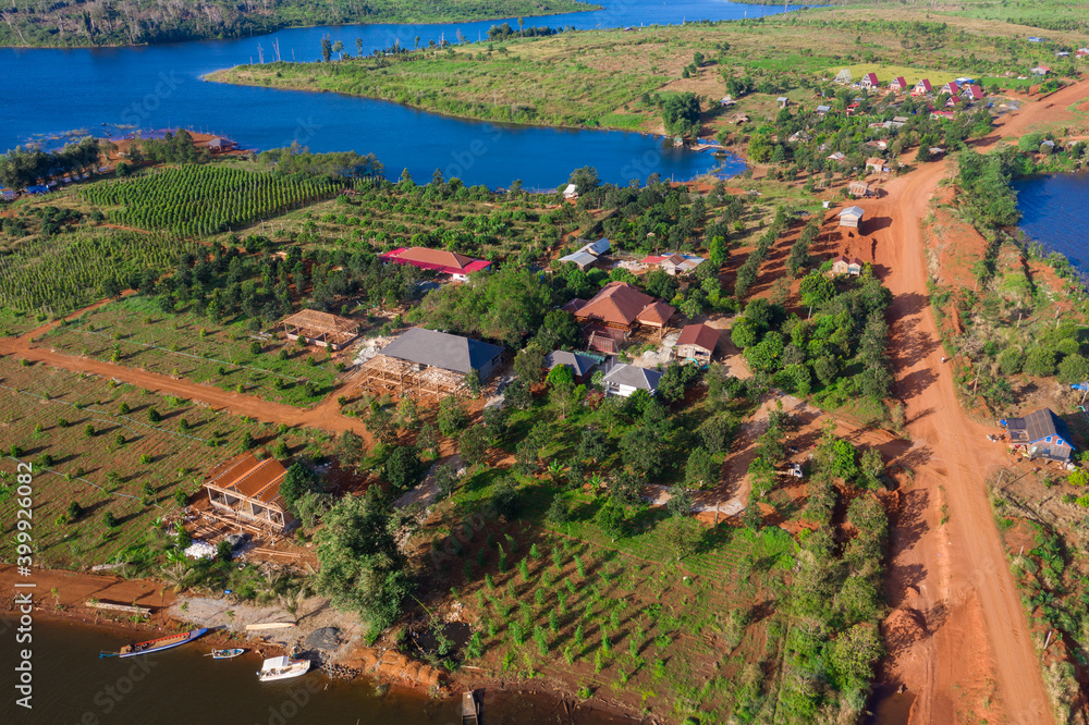 Summer aerial panorama view of motel at Veal Veng