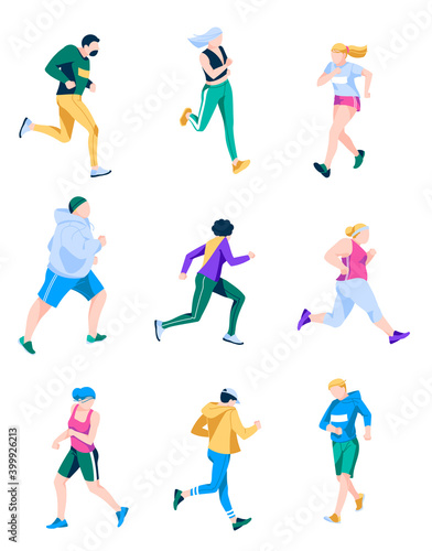 People dressed in sportswear jogging set. Female and male athletes taking part in competition  doing workout  running for weight loss. Active healthy lifestyle concept flat vector illustration
