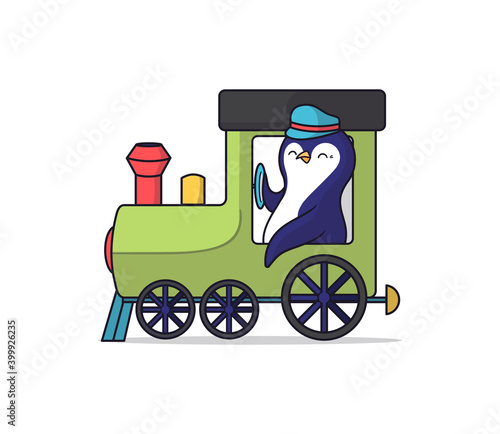 Cartoonish animal penguin is driving a train. The funny character in a cap is good for kids designs