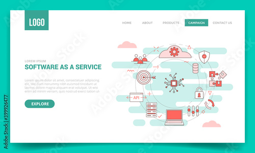 software as a service concept cloud computing network connection plan puzzle server laptop padlock with circle icon for website template or landing page banner homepage outline style
