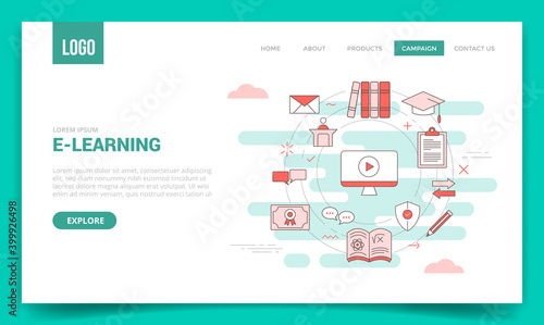 e-learning concept video tutorial book cap discussion science shield protection with circle icon for website template or landing page banner homepage with outline style