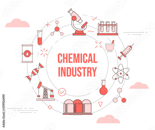 chemical industry concept microscope syringe atom tank fuel with icon set template banner with modern orange color style and circle round shape