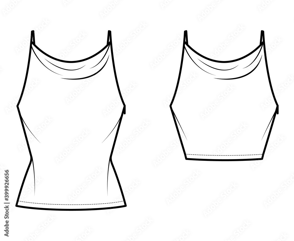 Set of Tanks high cowl Camisoles technical fashion illustration with empire seam, thin adjustable straps, Crop or tunic length, slim fit. Flat top template front. Women men unisex CAD mockup Set of Tanks high cowl Camisoles technical fashion illustration with empire seam, thin adjustable straps, Crop or tunic length, slim fit. Flat top template front. Women men unisex CAD mockup