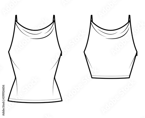 Set of Tanks high cowl Camisoles technical fashion illustration with empire seam, thin adjustable straps, Crop or tunic length, slim fit. Flat top template front. Women men unisex CAD mockup