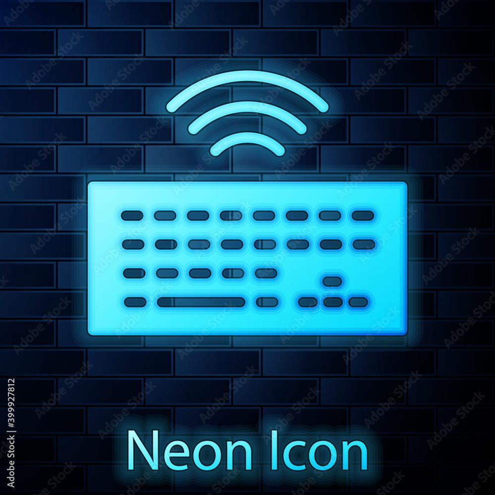 Glowing neon Wireless computer keyboard icon isolated on brick wall background. PC component sign. Internet of things concept with wireless connection. Vector. Glowing neon Wireless computer keyboard icon isolated on brick wall background. PC component sign. Internet of things concept with wireless connection. Vector.