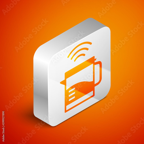 Isometric Smart electric kettle system icon isolated on orange background. Teapot icon. Internet of things concept with wireless connection. Silver square button. Vector.