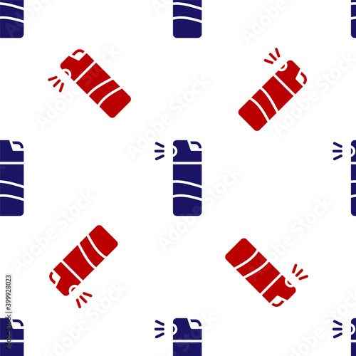 Blue and red Pepper spray icon isolated seamless pattern on white background. OC gas. Capsicum self defense aerosol. Vector.