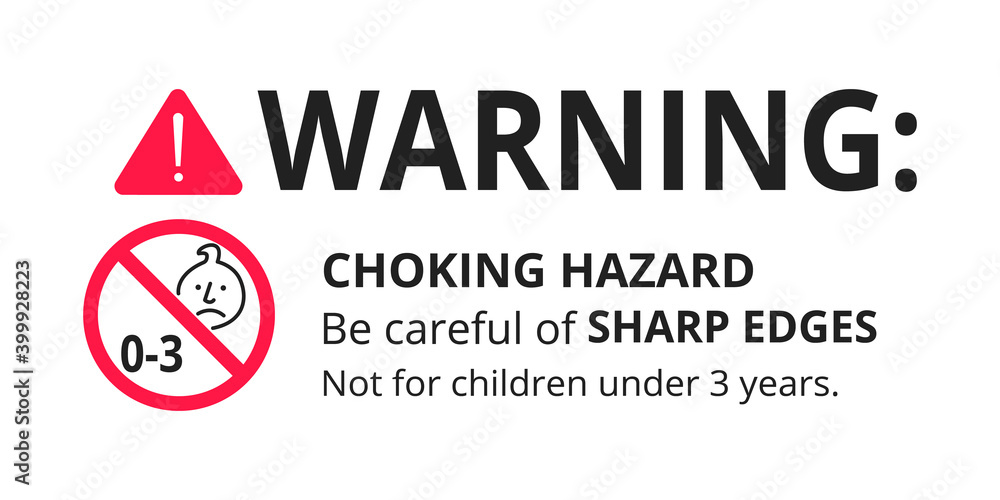 Choking hazard forbidden sign sticker not suitable for children under 3 years isolated on white background vector illustration. Warning triangle, sharp edges and small parts danger circle prohibition. Choking hazard forbidden sign sticker not suitable for children under 3 years isolated on white background vector illustration. Warning triangle, sharp edges and small parts danger circle prohibition.