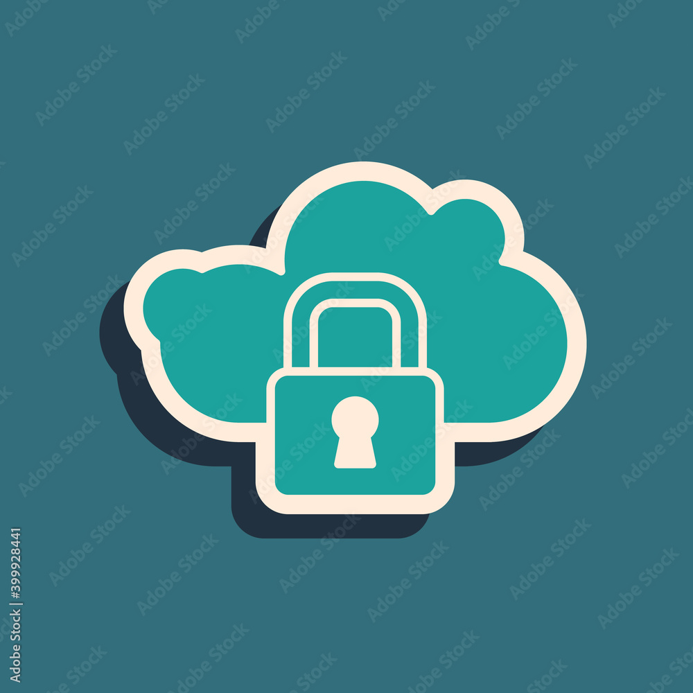 Green Cloud computing lock icon isolated on green background. Security, safety, protection concept. Protection of personal data. Long shadow style. Vector. Green Cloud computing lock icon isolated on green background. Security, safety, protection concept. Protection of personal data. Long shadow style. Vector.