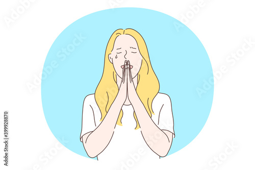 Grief, Depression, tragedy concept. Young unhappy female cartoon character standing with hands crossed in praying and crying of feeling depressed with something vector illustration 