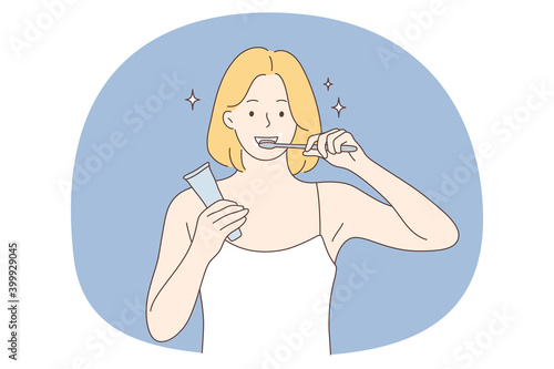Beauty, dental care, hygiene concept. Young smiling woman cartoon character using toothpaste for mouth and tooth hygiene and whitening color at home. Dental care, wellness 