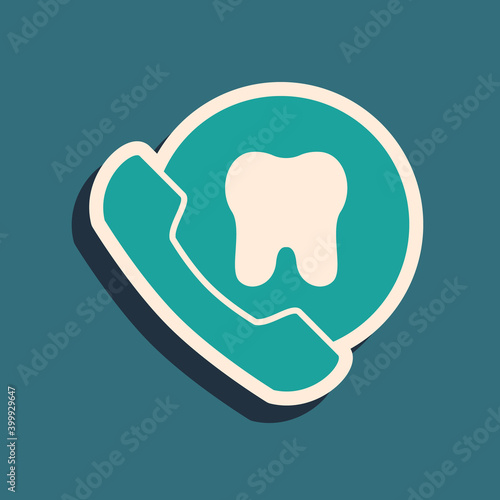 Green Online dental care icon isolated on green background. Dental service information call center. Long shadow style. Vector.