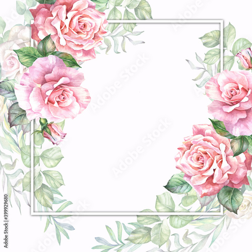 watercolor frame with roses © OLGA