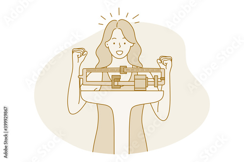Losing weight, slim, diet concept. Young positive woman cartoon character feeling happy and glad to see losing kilos on scales and reducing in weight vector illustration 